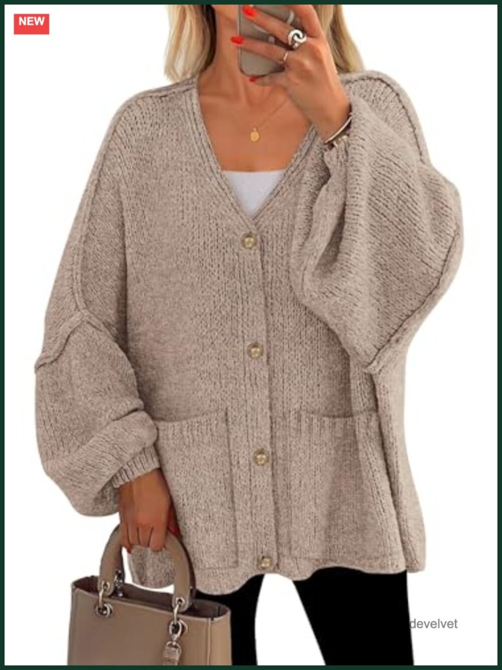 Oversized Chunky Cardigan Sweater Women Button Down V Neck Lantern Sleeve